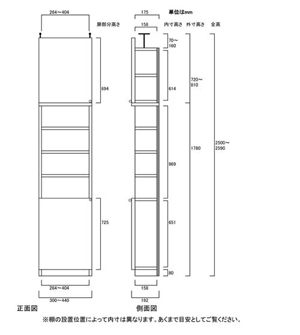 天井突っ張り薄型木製棚　寸法図